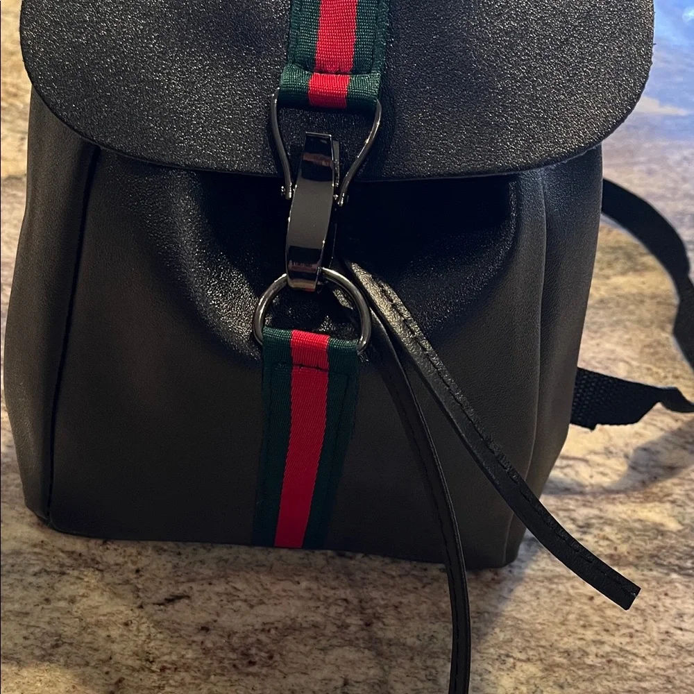 Stylish Mini Black Backpack with Red and Green Stripes NWOT - Picture 7 of 9